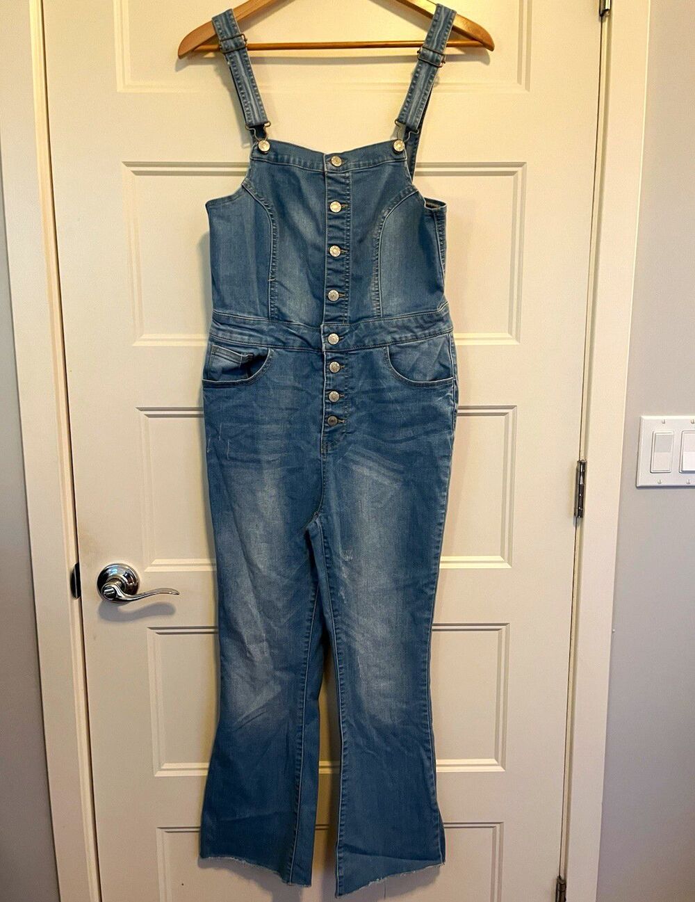 Wax Jean Blue Solid Denim Overall Jumpsuit Button Front Pockets Size Large